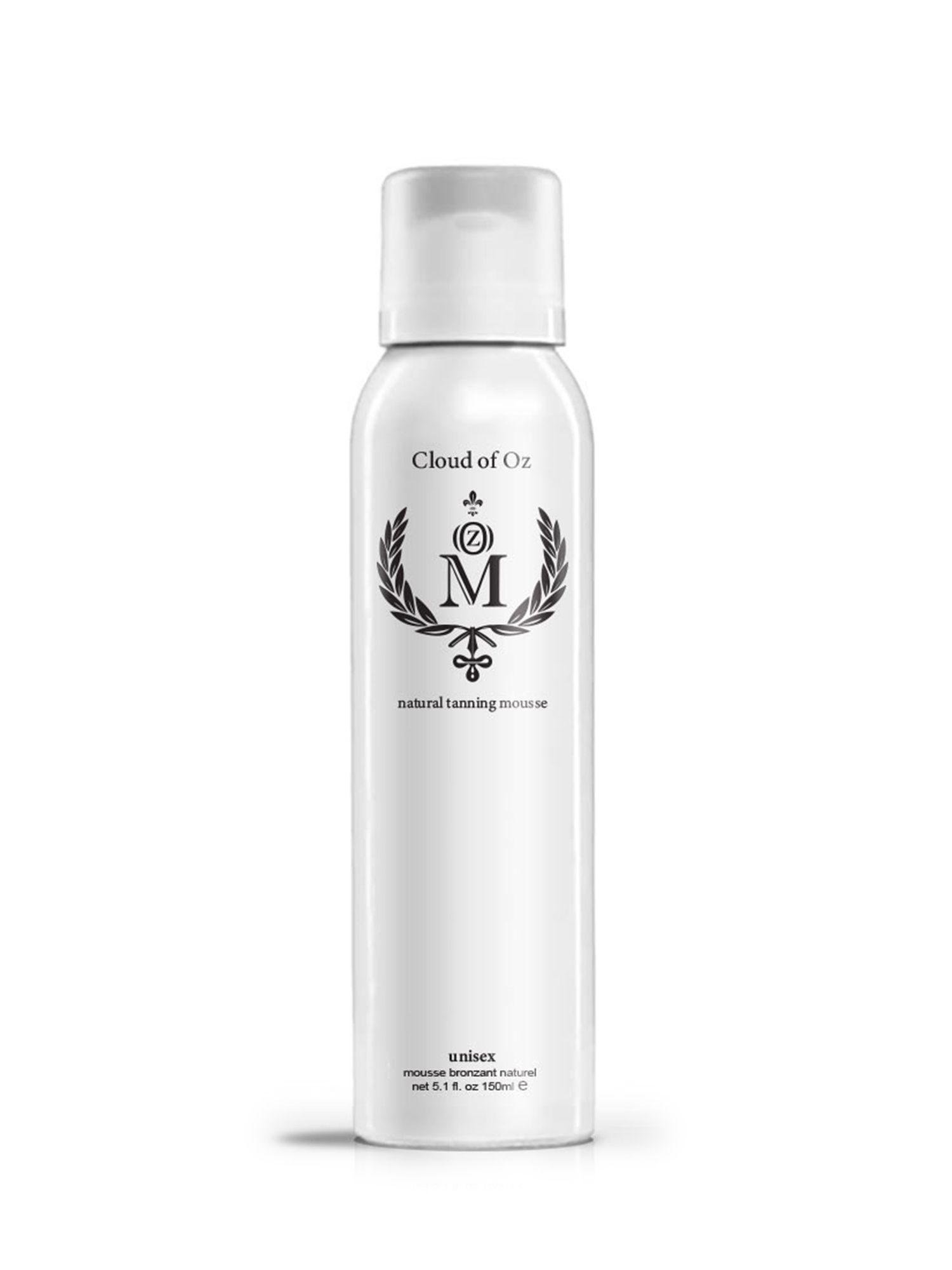 Weiße Sprühflasche mit schwarzem Logo und Schriftzug. Aufschrift: Cloud of Oz, Natural Tanning Mousse, Unisex. 150ml.