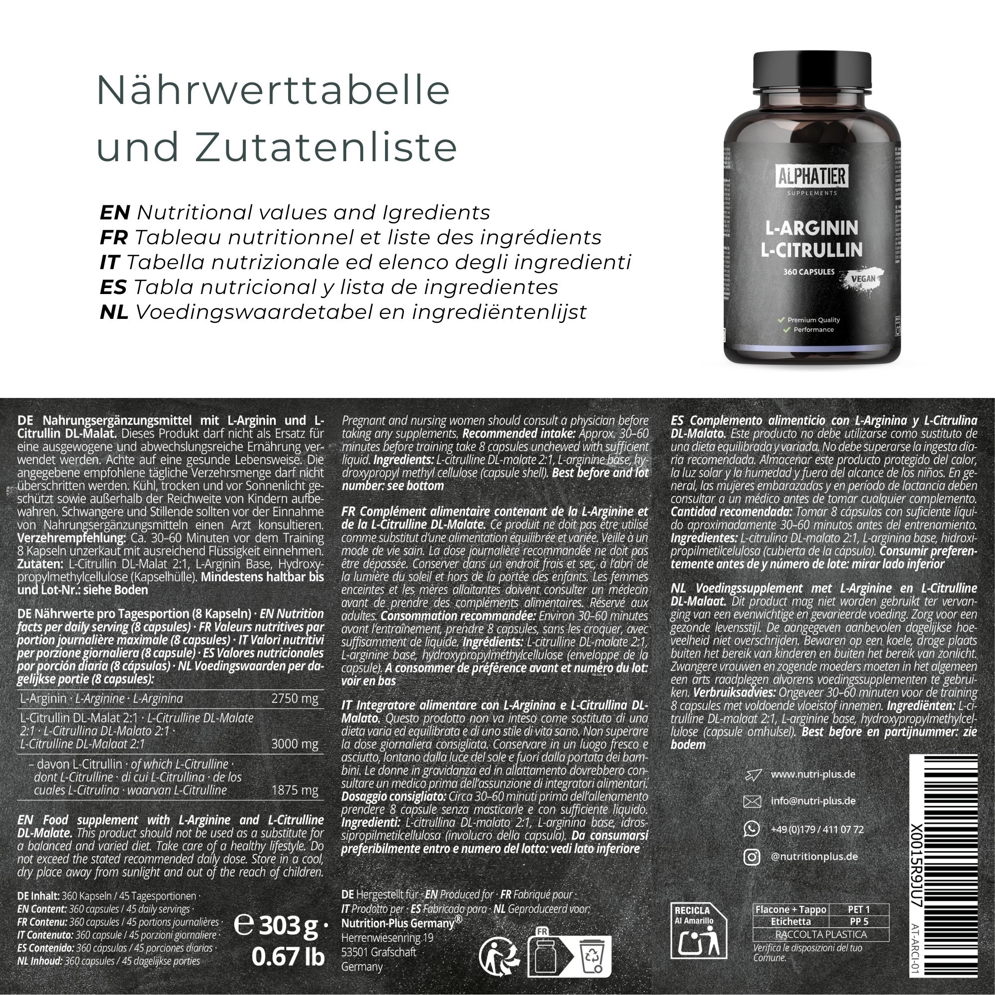Nährwerttabelle und Zutatenliste. Text in Deutsch, Französisch, Italienisch und Niederländisch. Eine Flasche mit Kapseln steht daneben.