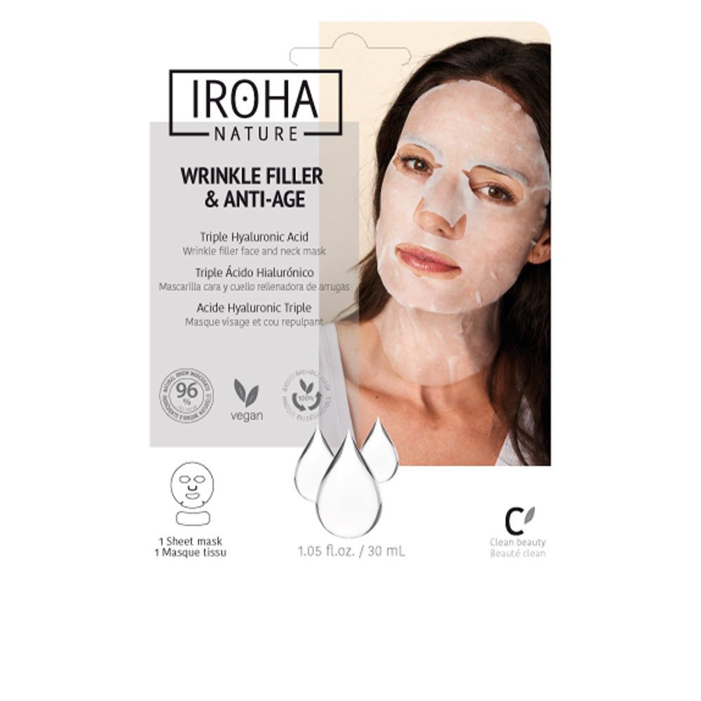 Gesichtsmaske mit Faltenfüller und Anti-Age-Effekt. Verpackung mit Frau, Maske auf dem Gesicht. Marke IROHA Nature.