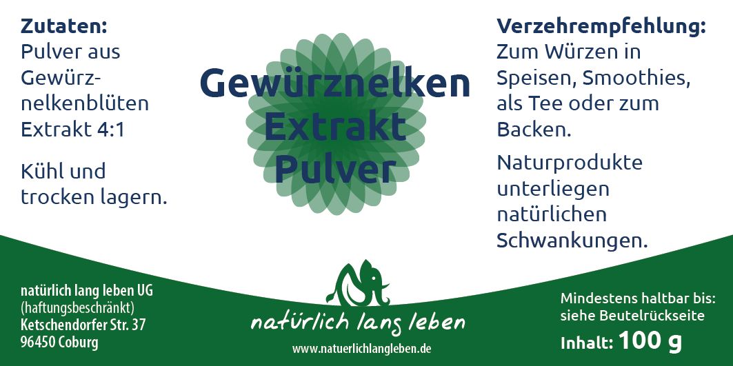Etikett mit Produktinformationen. Aufschrift: Gewürznelken Extrakt Pulver. Zutaten, Verzehrempfehlung, Mindesthaltbarkeit.
