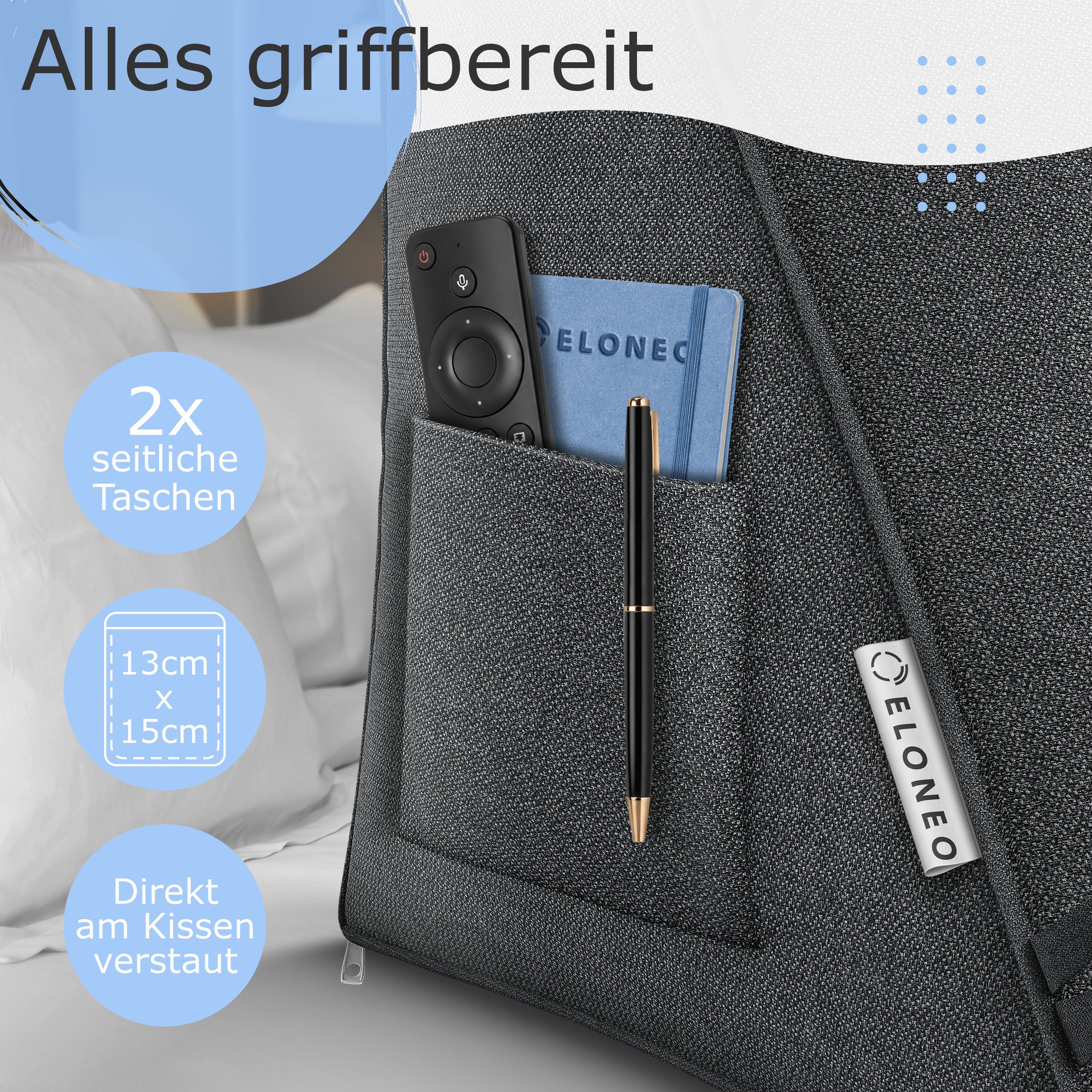Graues Rückenkissen mit Nackenrolle, seitlichen Taschen und "ELONEO" Logo.