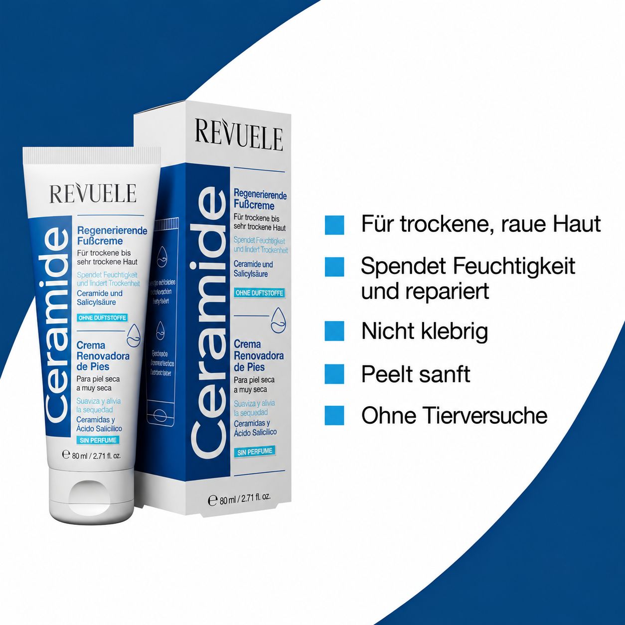 Revuele Fußcreme mit Ceramid und Salicylsäure in einer Tube und Faltschachtel.