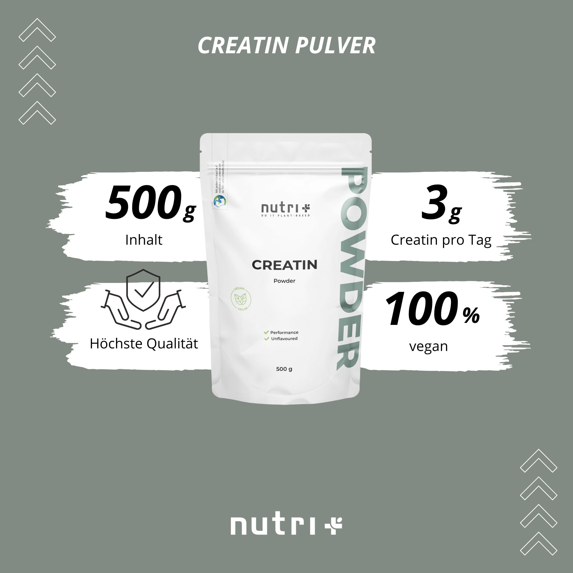 Grafik mit 'CREATIN Pulver'. 500g Inhalt, 3g Kreatin pro Tag, 100% vegan. 'Höchste Qualität'. 'nutri+' Logo.