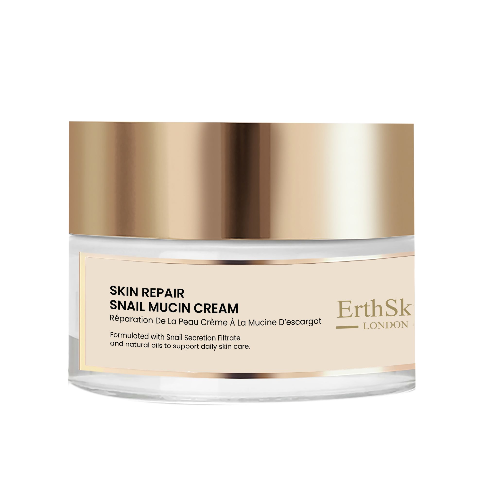 Glasbehälter mit goldfarbenem Deckel. Aufschrift: Skin Repair Snail Mucin Cream. Marke: ErthSkin London.