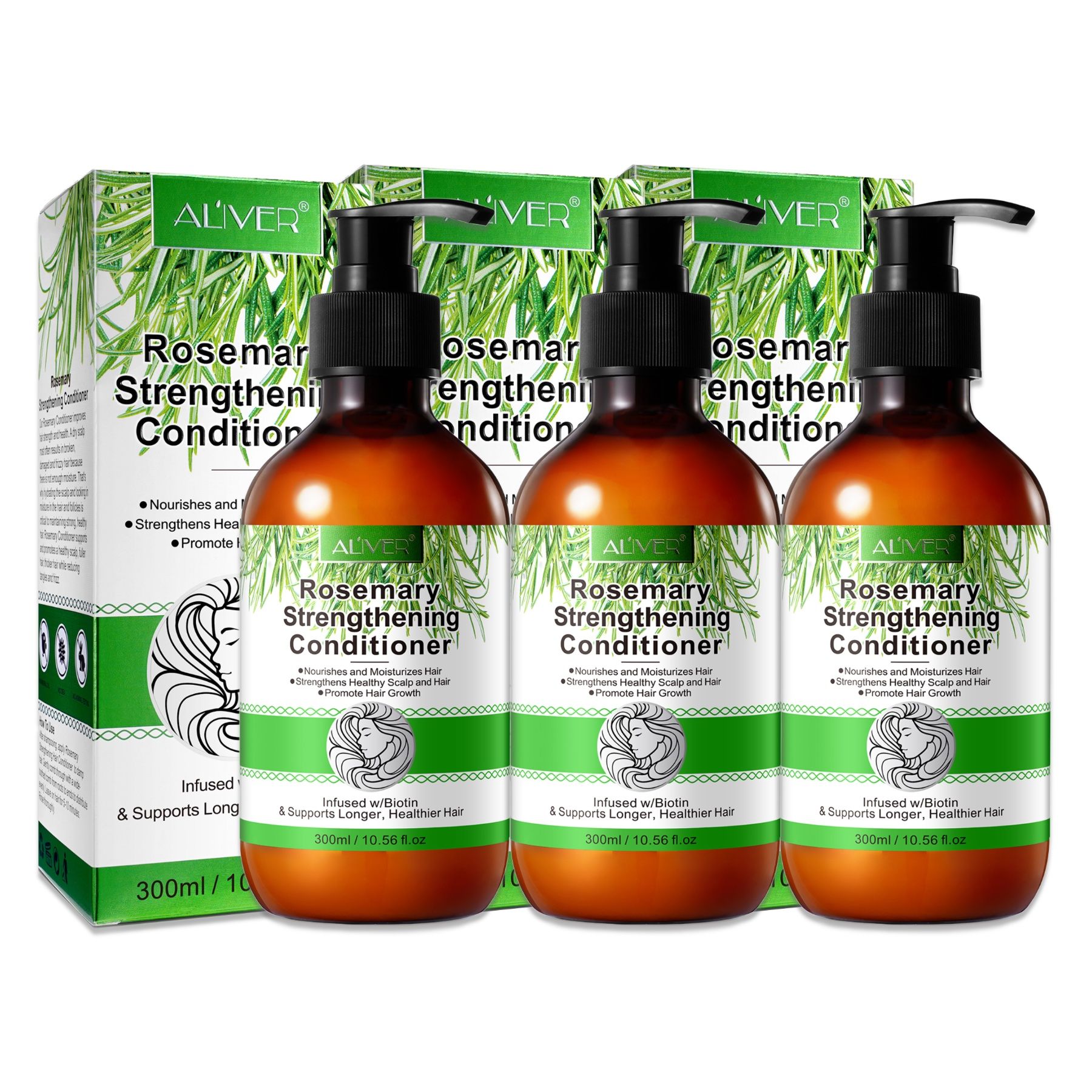 Drei Flaschen ALIVER Rosmarin-Conditioner mit Verpackung. Aufschrift: Rosemary Strengthening Conditioner.