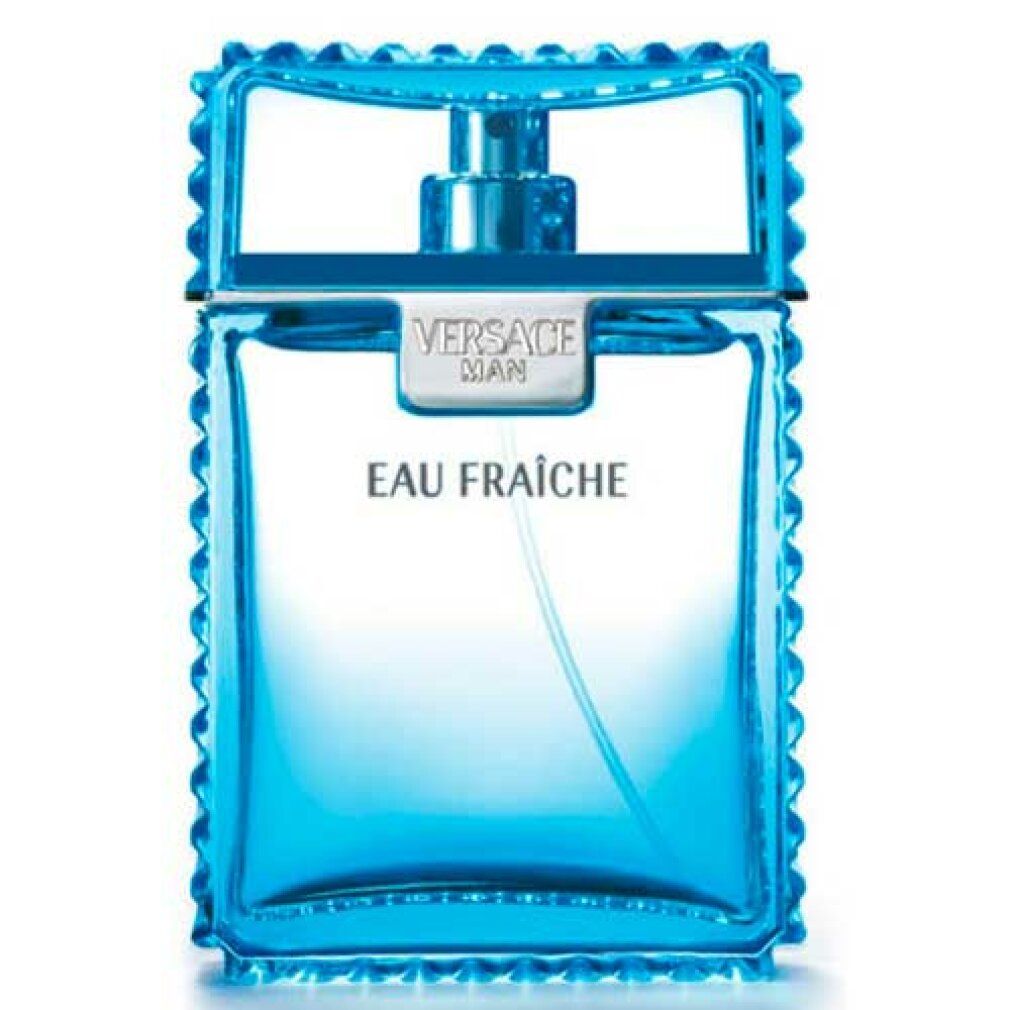 Versace Man Eau Fraiche Eau De Toilette Spray Flakon, leuchtend blau, mit silbernem Sprühkopf und markantem Design.