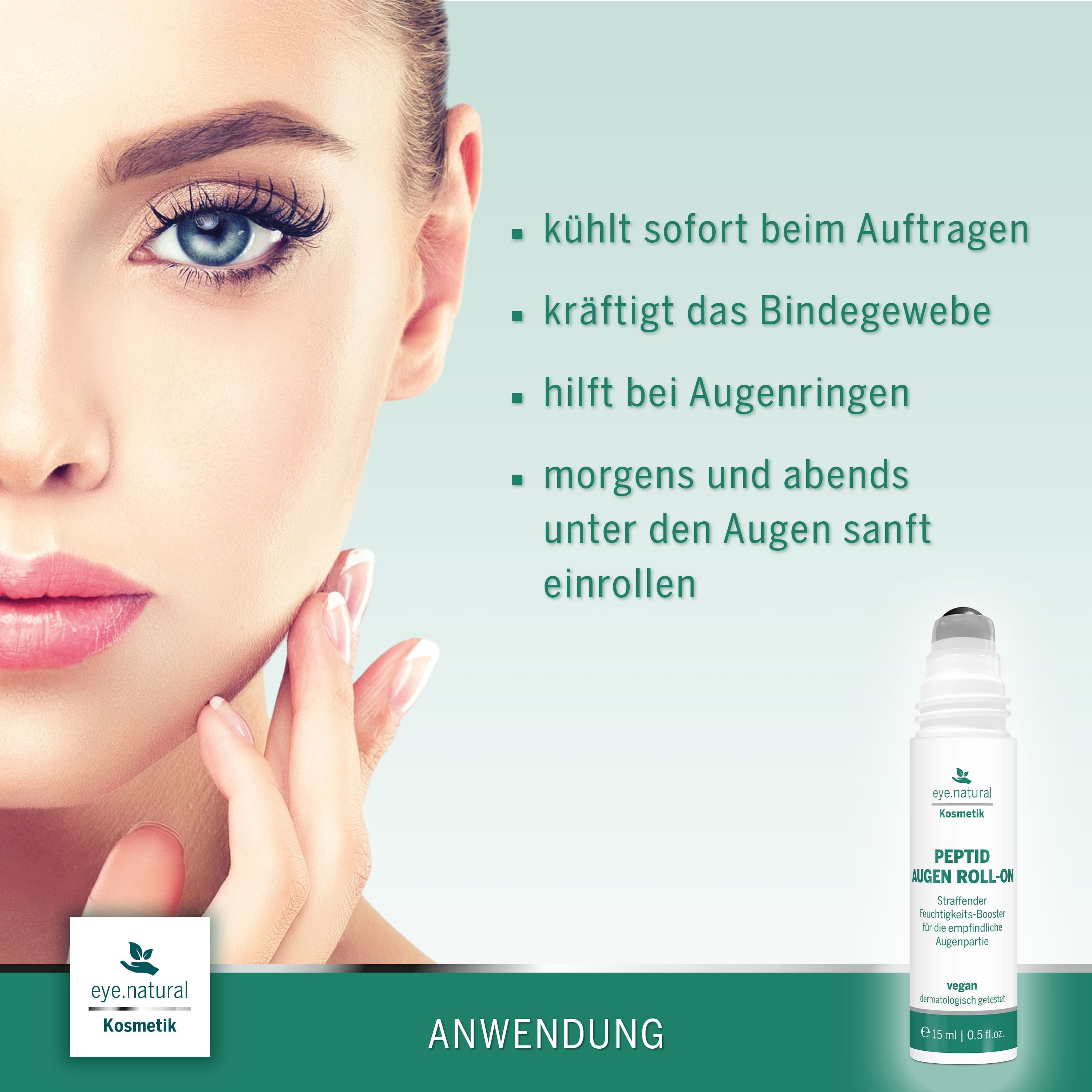 Augen Roll-On. Kühlt sofort, stärkt das Bindegewebe und hilft bei Augenringen. Anwendung: morgens und abends unter den Augen.