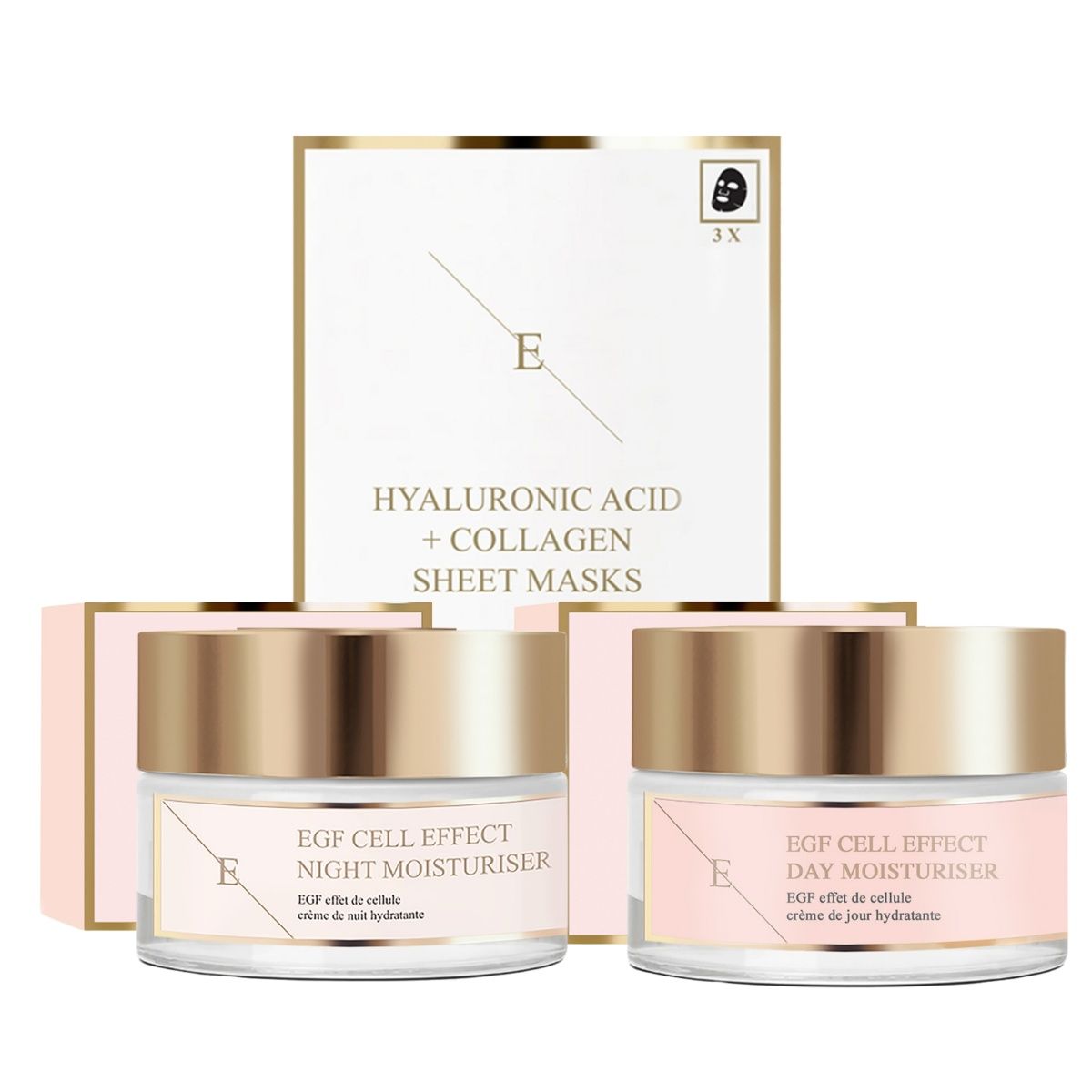Drei Produkte: Tages- und Nachtcreme, sowie Kollagenmaske. Weiße Verpackung mit goldenen Akzenten und Text.