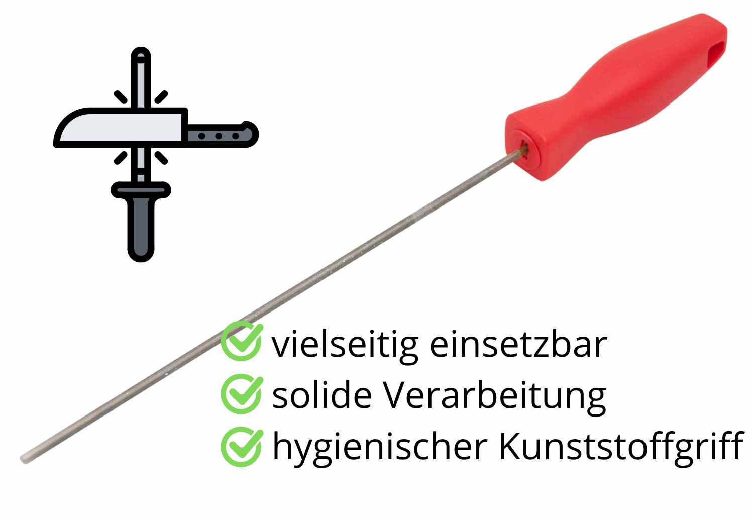 Schärfstab mit rotem Griff. Text: vielseitig einsetzbar, solide Verarbeitung, hygienischer Kunststoffgriff.