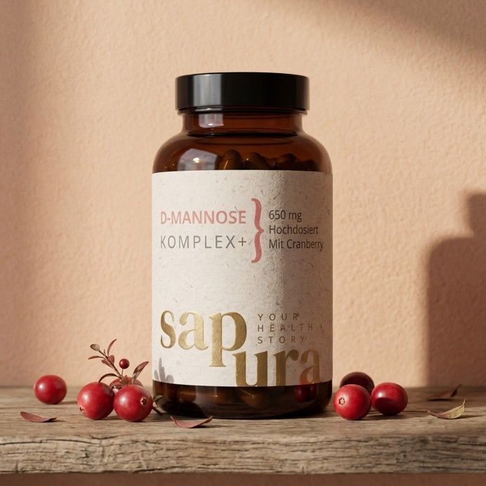 Braune Glasflasche mit Etikett und Cranberrys. Aufschrift: D-Mannose Komplex+, 650mg, Mit Cranberry, sapura health.
