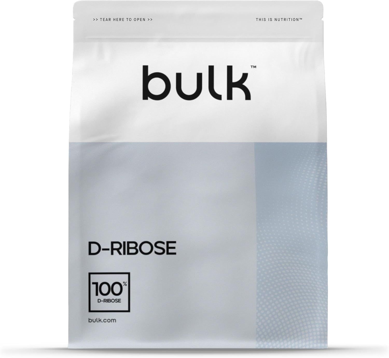 Weißer Beutel mit "bulk"-Logo und "D-RIBOSE"-Schriftzug. 100% D-Ribose-Kennzeichnung. Website-Adresse.
