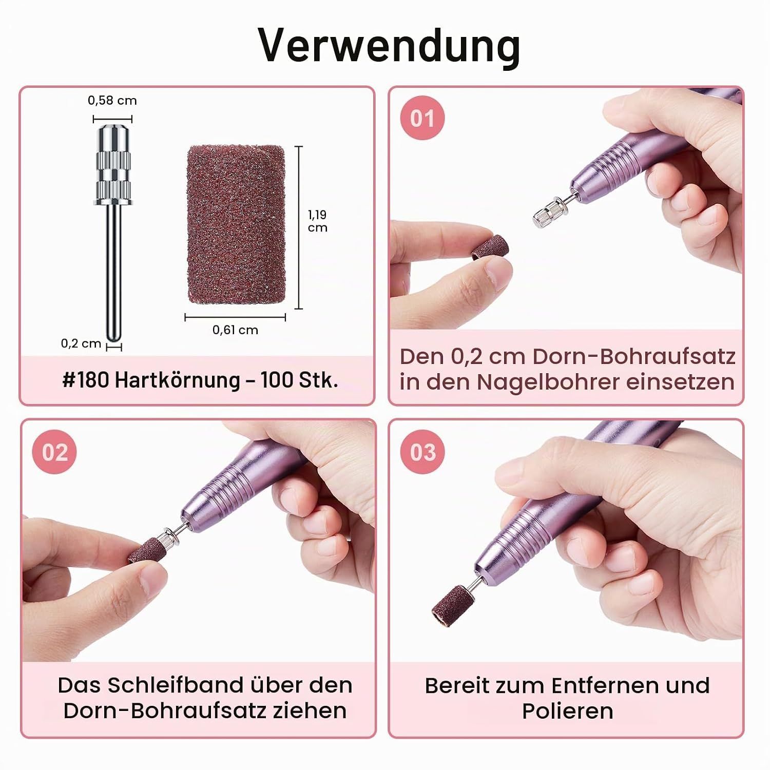 Anleitung zur Verwendung eines Nagelfräsers mit Schleifbandaufsatz.