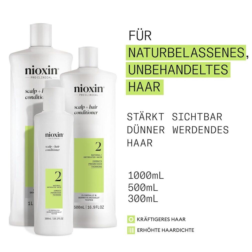 Drei weiße Flaschen Nioxin. Aufschrift: Scalp + Hair Conditioner, 2. Volumen: 1000ml, 500ml, 300ml. Für naturbelassenes, unbehandeltes Haar.