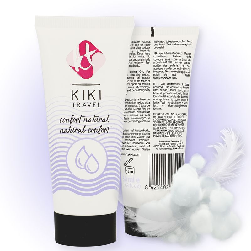 Kiki Travel Gleitgel Tube, Rückseite mit Inhaltsstoffen und Barcode. Mit Federn und Wattebäuschen.