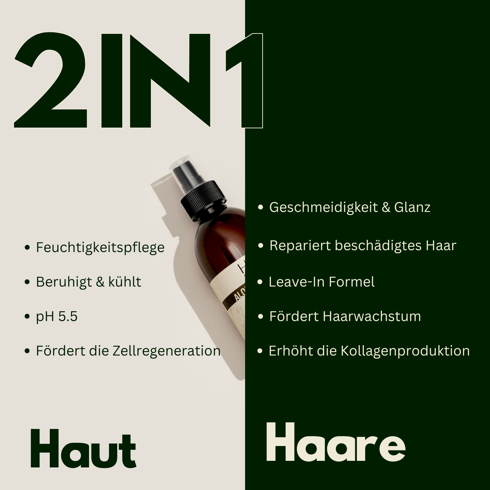 Flasche Hairfluencer Aloe Vera Spray mit Text "2IN1 Spray für Haut und Haare".