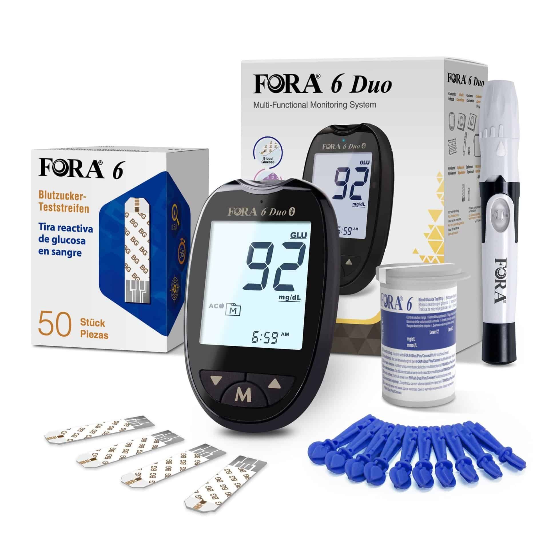 Set zur Blutzuckermessung. Enthält Messgerät, Teststreifen, Lanzetten und Behälter. Anzeige: 92 mg/dl.