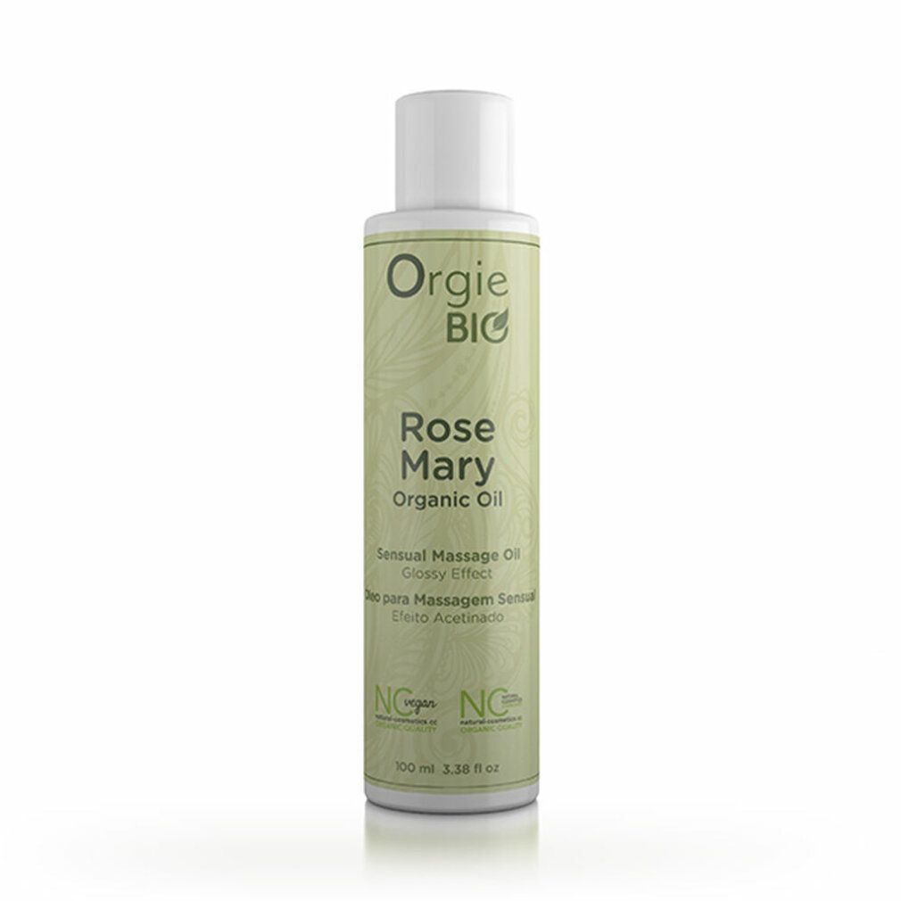 Zylindrische Flasche mit weißem Deckel. Aufschrift: Orgie BIO, Rose Mary Organic Oil. Vegan-Zertifizierung.