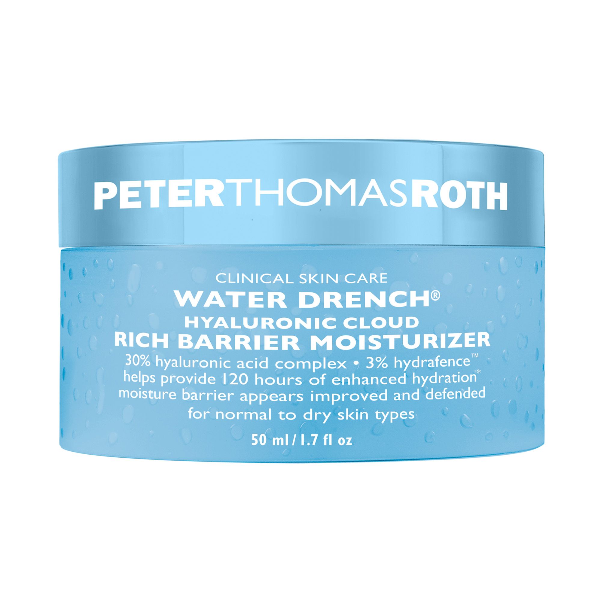 Blaues Glas mit Beschriftung: Peter Thomas Roth Water Drench Hyaluronic Cloud Rich Barrier Moisturizer. 50 ml.