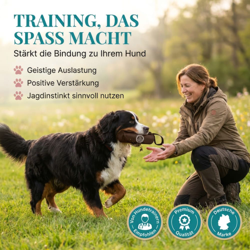 Frau und Hund auf Wiese. Hund trägt braunen Dummy. Text: Training, das Spaß macht. Zertifizierungen.