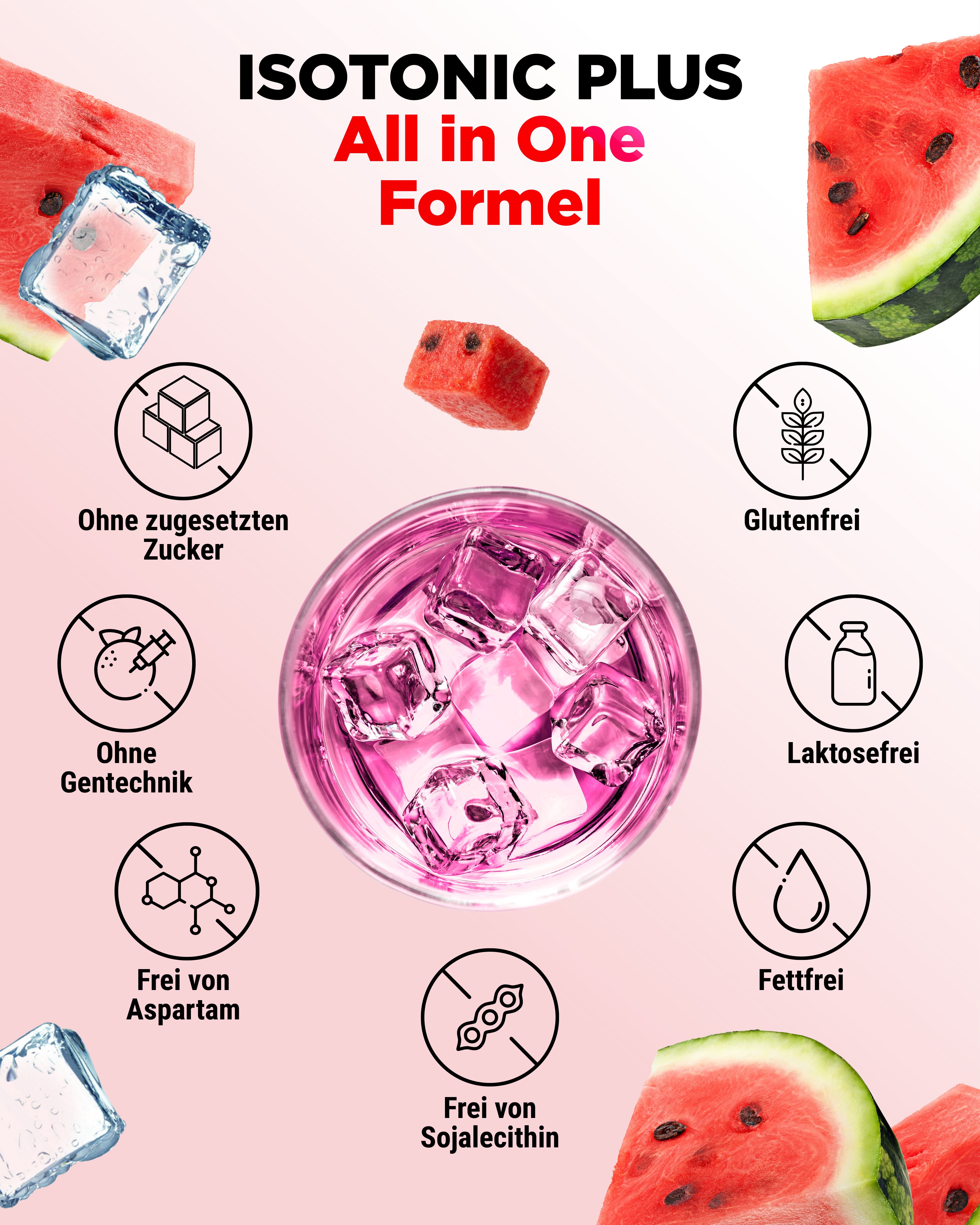 Pinker Hintergrund mit Illustrationen. Text: Ohne Zucker, Gentechnik, Aspartam, Sojalecithin. Glutenfrei, Laktosefrei, Fettfrei.