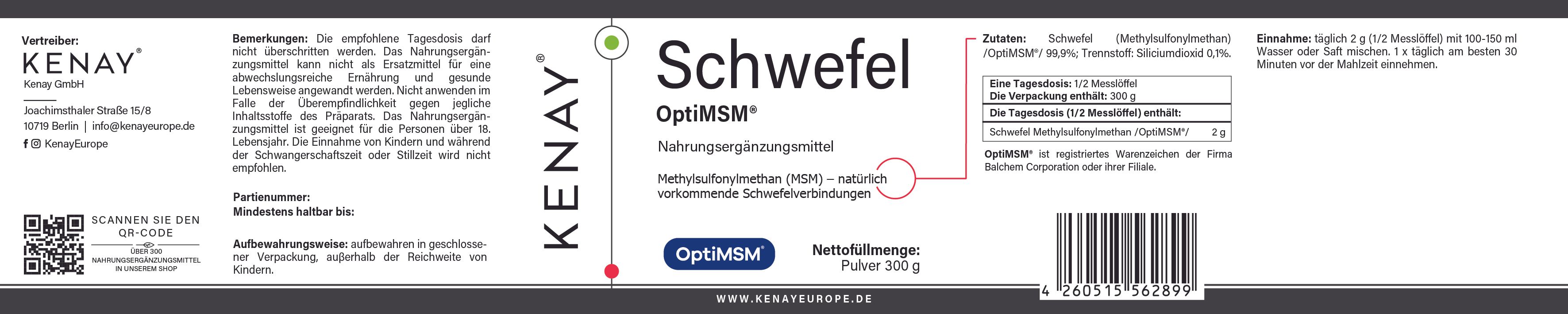 Etikett mit Produktinformationen. Aufschrift: Schwefel OptiMSM®, KENAY®. Enthält Nährwertangaben und Inhaltsstoffe.