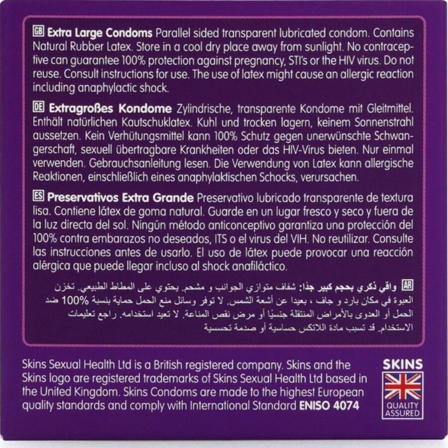 Rückseite der Skins Extra Large Kondomverpackung. Text in mehreren Sprachen. Mit Qualitätszeichen und Markennamen.