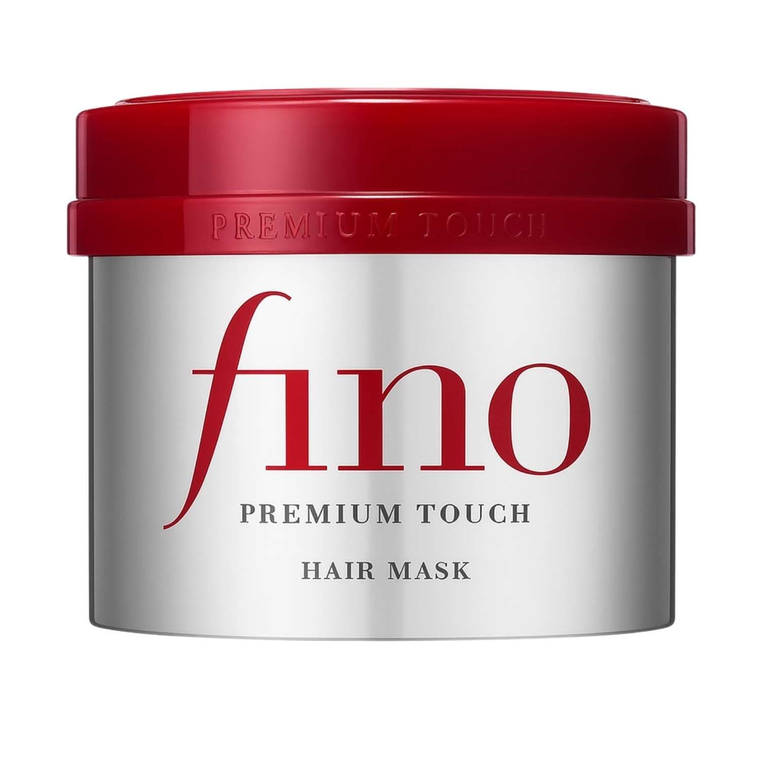 Silberne Dose mit rotem Deckel. Aufschrift: Fino, Premium Touch, Hair Mask. Produktname.