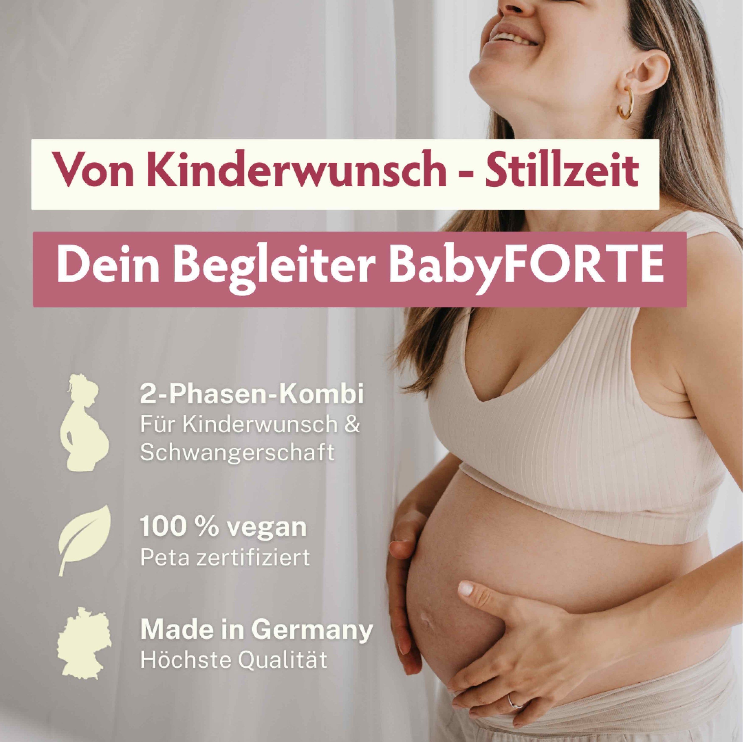 Schwangere Frau. Text: Von Kinderwunsch - Stillzeit. Dein Begleiter BabyFORTE. 100% vegan, Peta zertifiziert, Made in Germany.