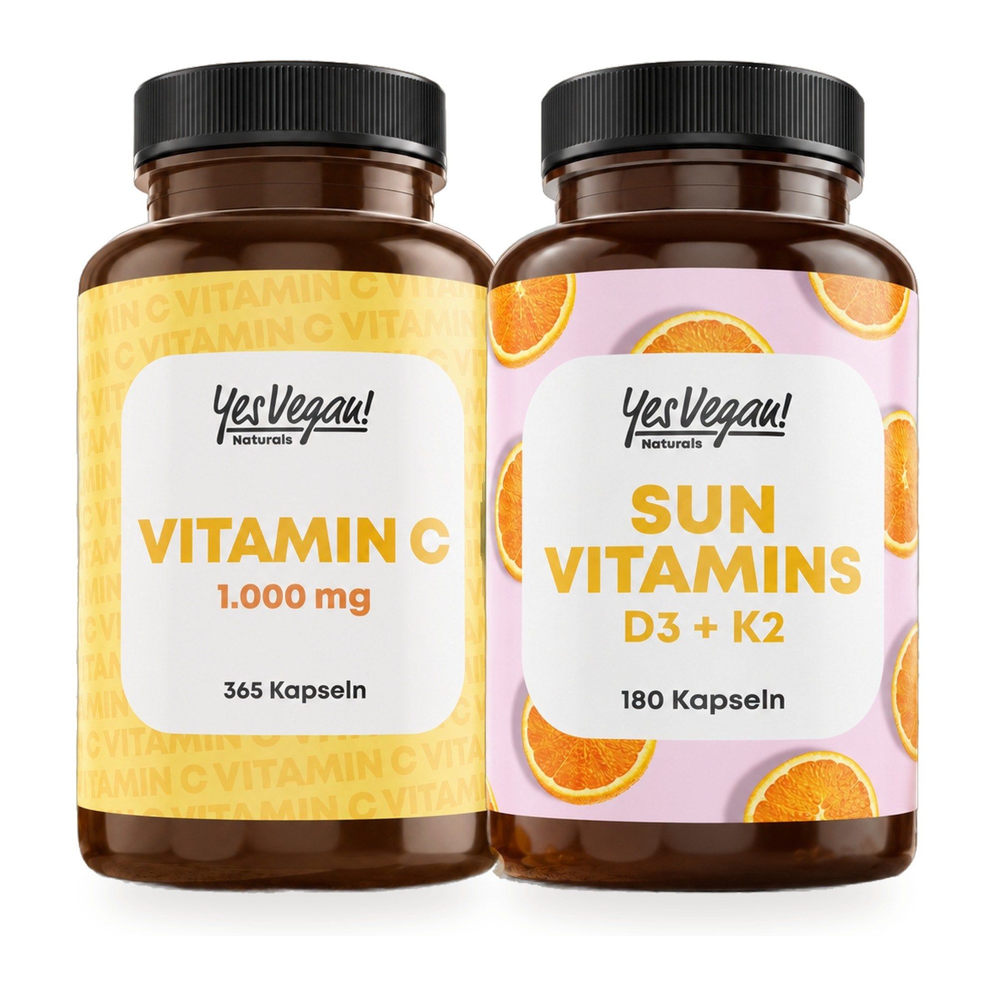 Zwei Flaschen: Vitamin C 1.000 mg (365 Kapseln) und Sun Vitamins D3 + K2 (180 Kapseln).