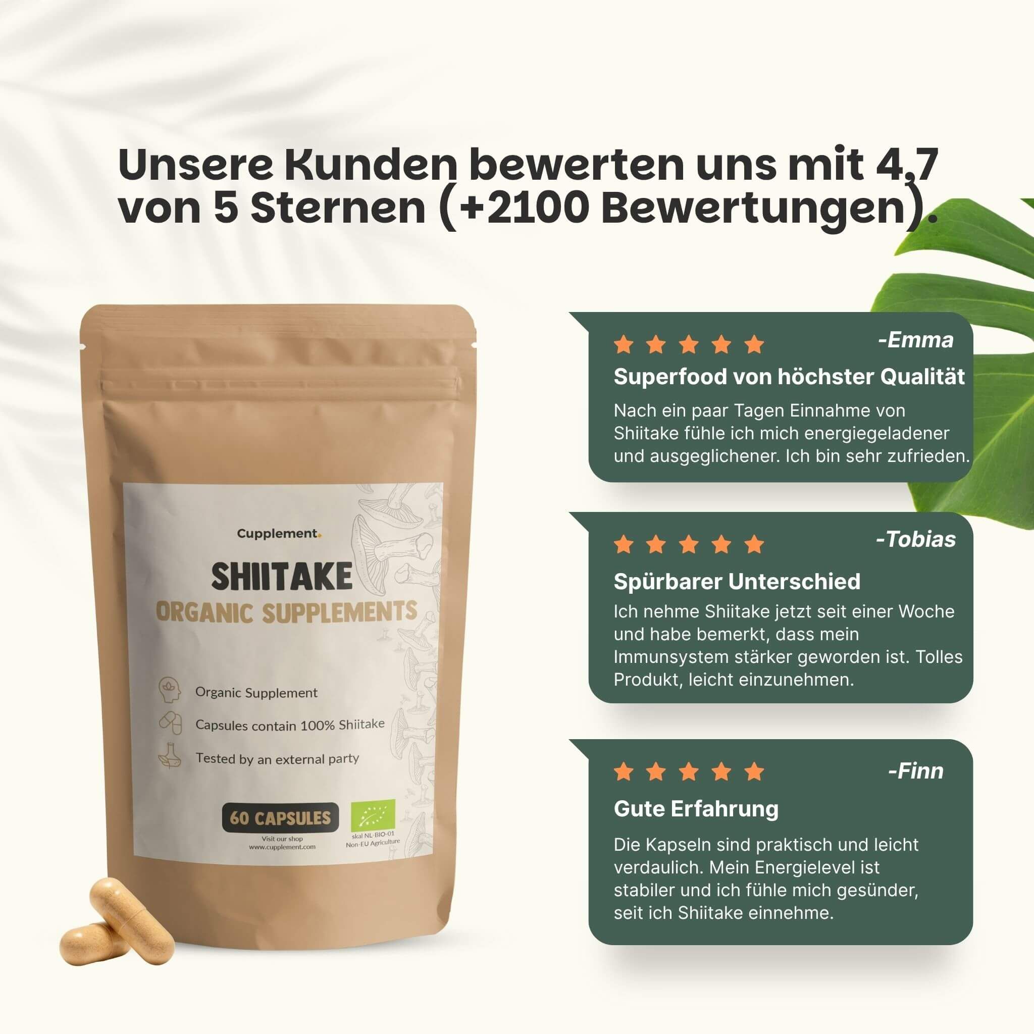 Beutel mit Shiitake-Kapseln. Text: Shiitake Organic Supplements, 60 Kapseln. Kundenbewertung 4,7/5. Drei Kundenbewertungen.