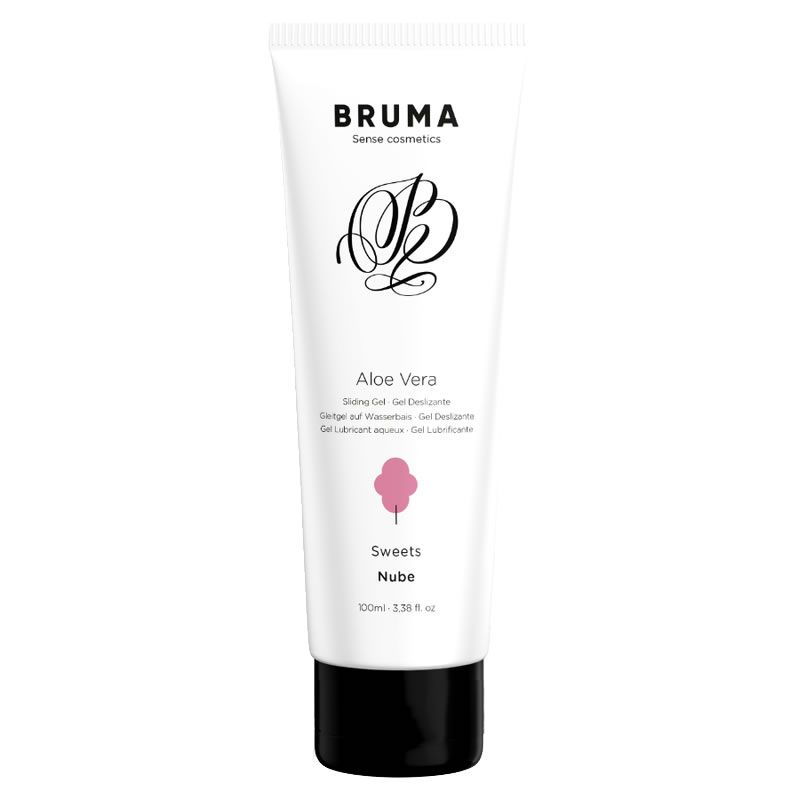 Weiße Tube, schwarzer Deckel. Aufschrift: Bruma, Aloe Vera, Zuckerwatte. Produkt im Vordergrund.