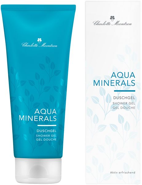 Türkisblaue Tube und Verpackung. Aufschrift: Aqua Minerals, Duschgel. Marke: Charlotte Meentzen. Weiße Kappe und Verpackung.