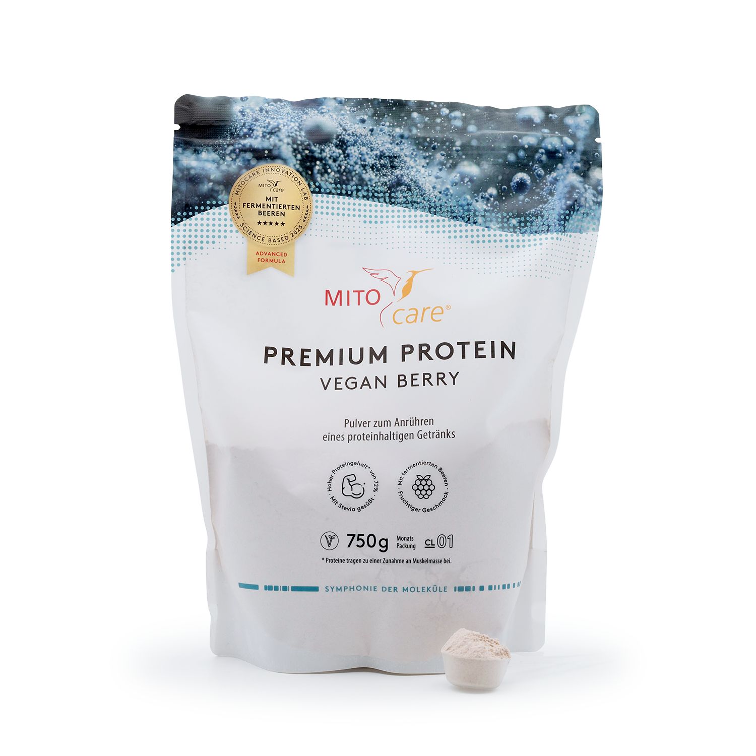 Standbodenbeutel mit MITOcare® Premium Protein Vegan Berry Pulver. Enthält 750g. Siegel für Fermentation.