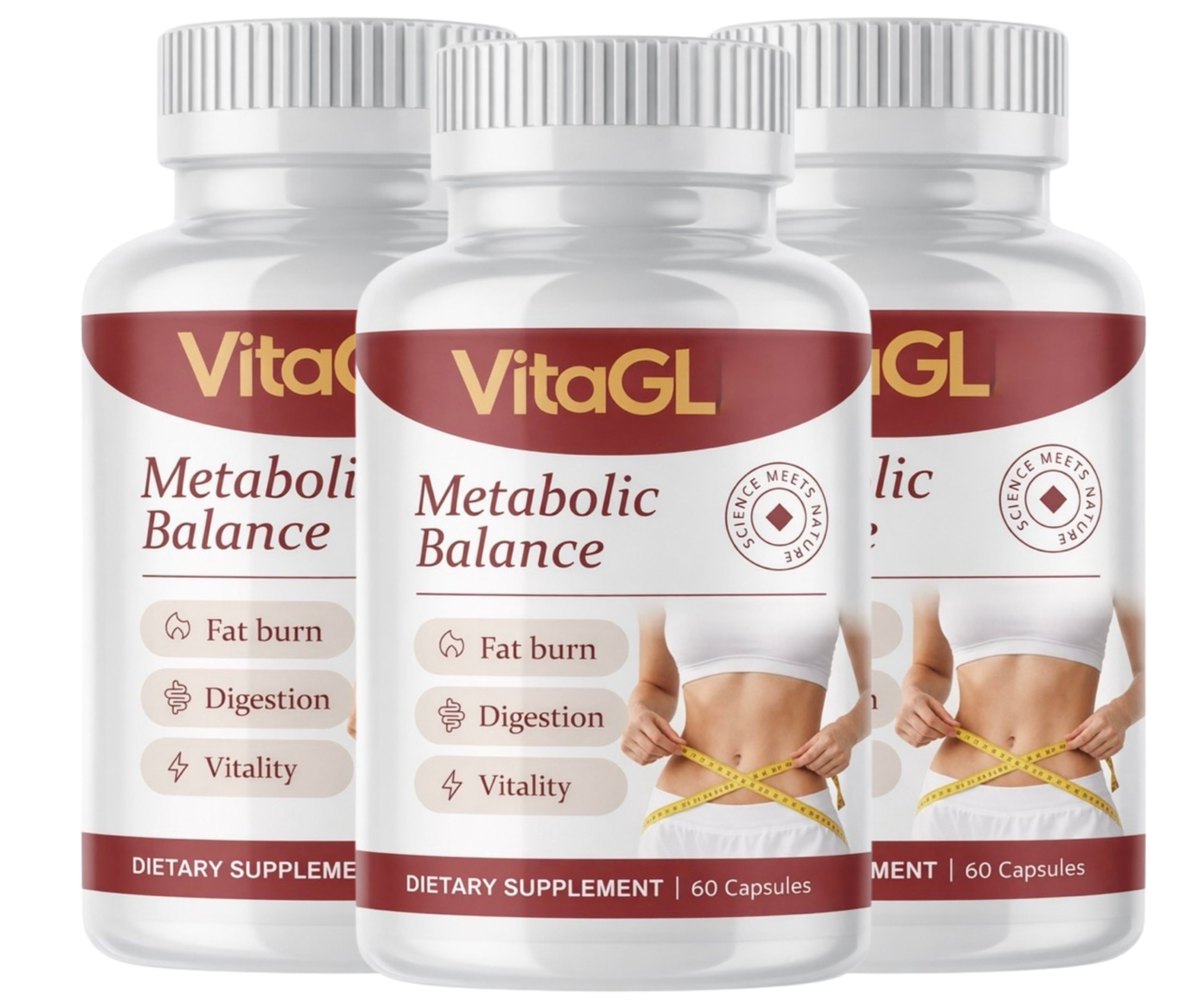 VitaGL Metabolic Balance: Drei Flaschen Diätergänzung mit 60 Kapseln. Unterstützt Fettverbrennung, Verdauung und Vitalität.