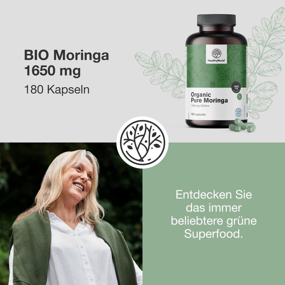 Werbung mit Frau, Flasche und Text. Flasche: BIO Moringa 1650 mg, 180 Kapseln. Logo: HealthyWorld. Text: Entdecken Sie das immer beliebtere grüne Superfood.