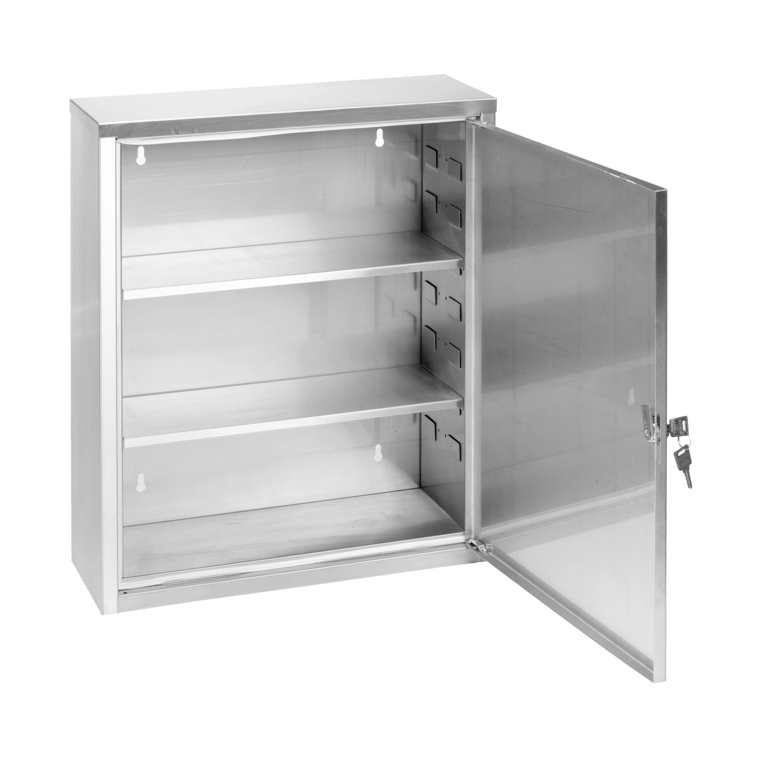 Offener Verbandschrank aus Edelstahl. Drei Regale, Tür geöffnet, Schloss und Schlüssel sichtbar. Wandmontage.