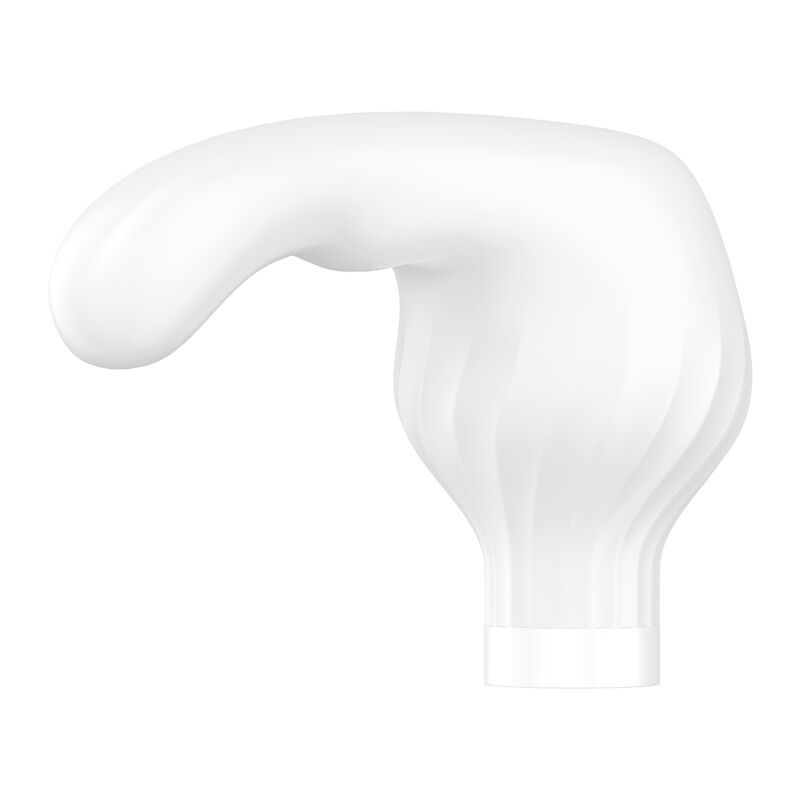 Weißer Vibrator mit rundem Kopf, drei Tasten und einem separaten Aufsatz.