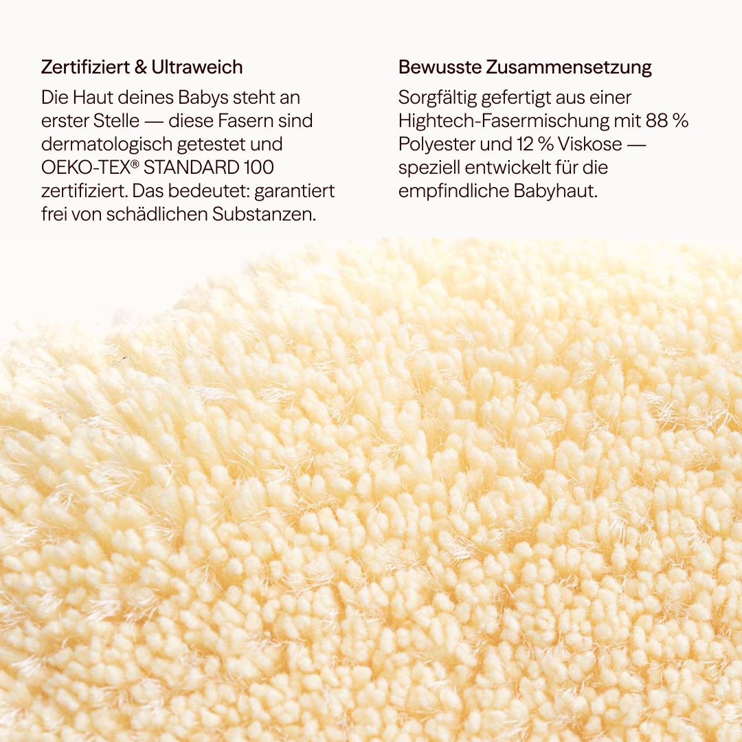 Nahaufnahme der hellgelben Waschpads. Text über OEKO-TEX®-Zertifizierung und Zusammensetzung aus Polyester und Viskose.