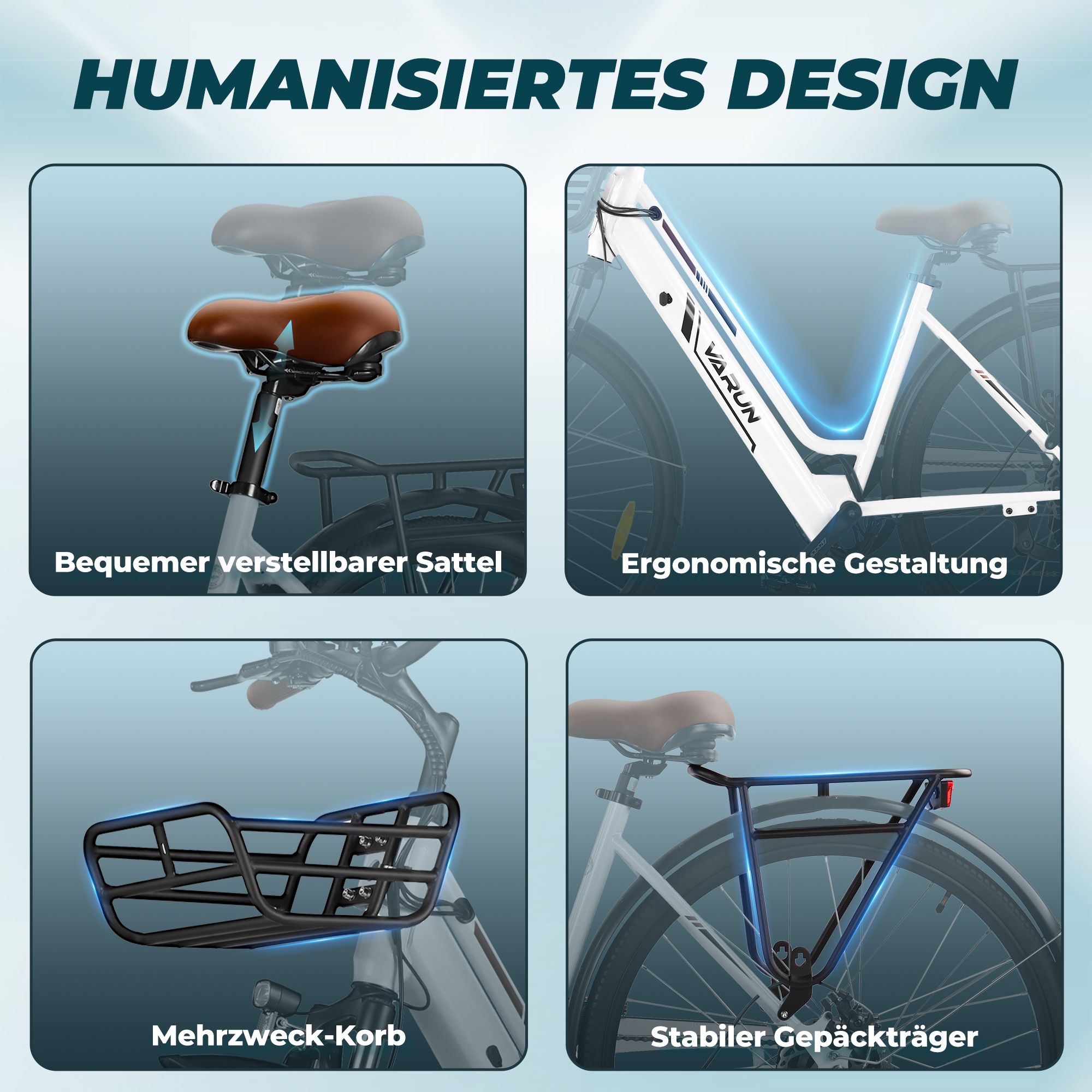 Verschiedene Fahrradkomponenten. Sattel, Rahmen, Korb, Gepäckträger. Text: Ergonomisches Design, Mehrzweck-Korb.