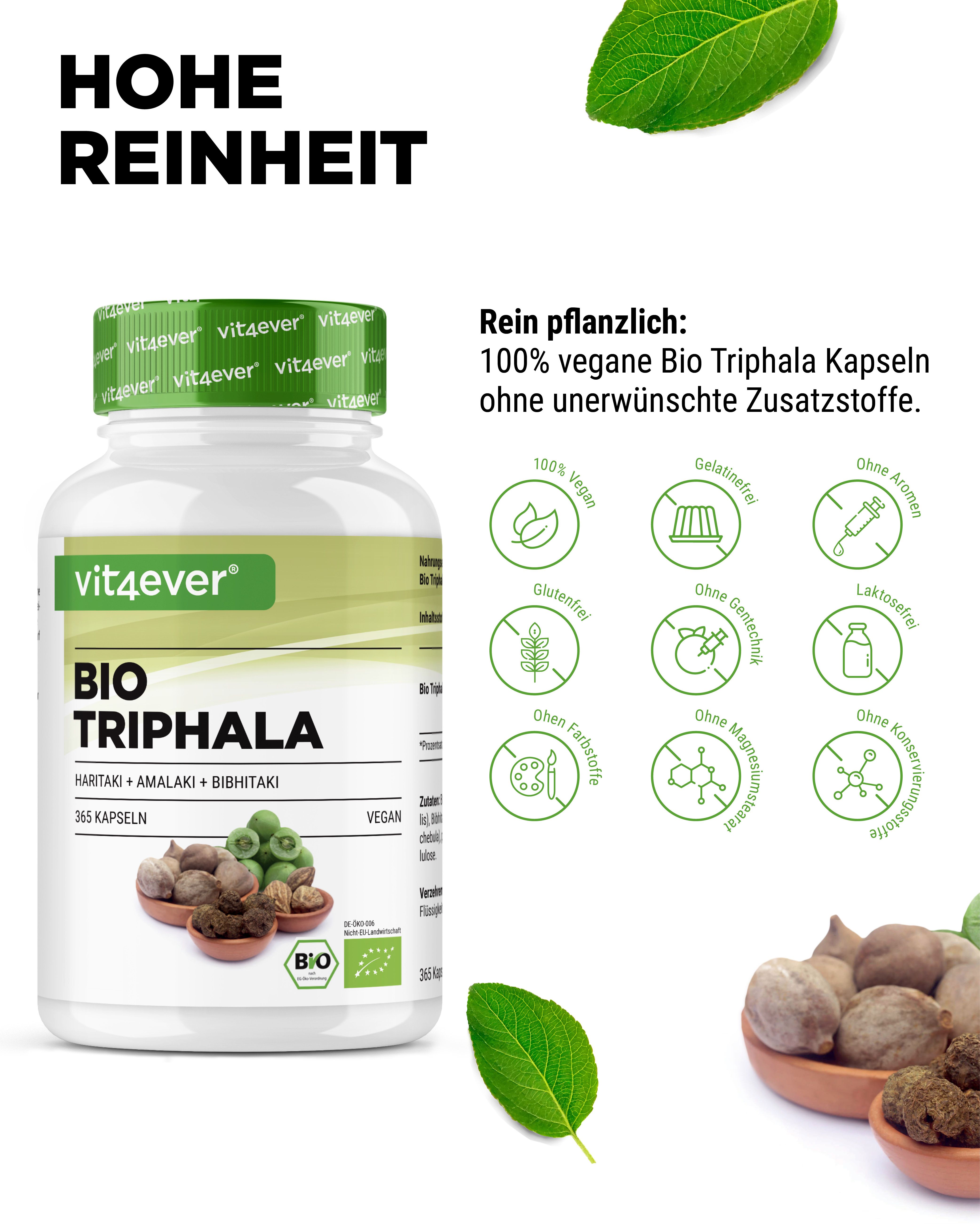 Weißes Pillenbehälter mit grünem Deckel. Aufschrift: vit4ever BIO TRIPHALA. Icons zeigen Eigenschaften.