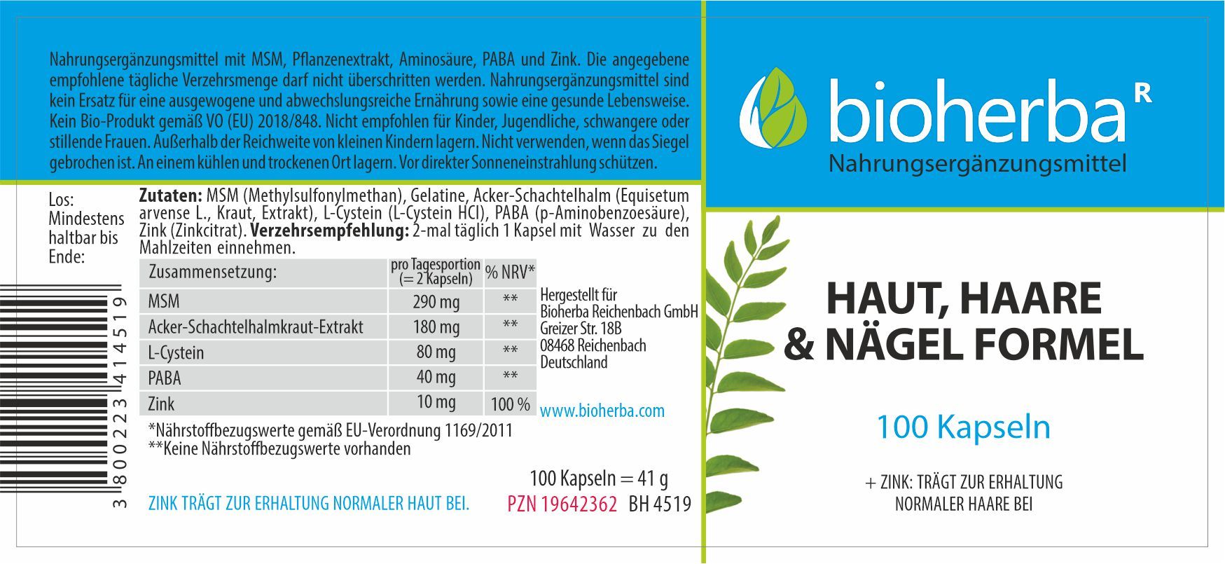 Etikett mit "bioherba" und "Haut, Haare & Nägel Formel". Enthält 100 Kapseln. Inhaltsstoffe und Nährwertangaben.