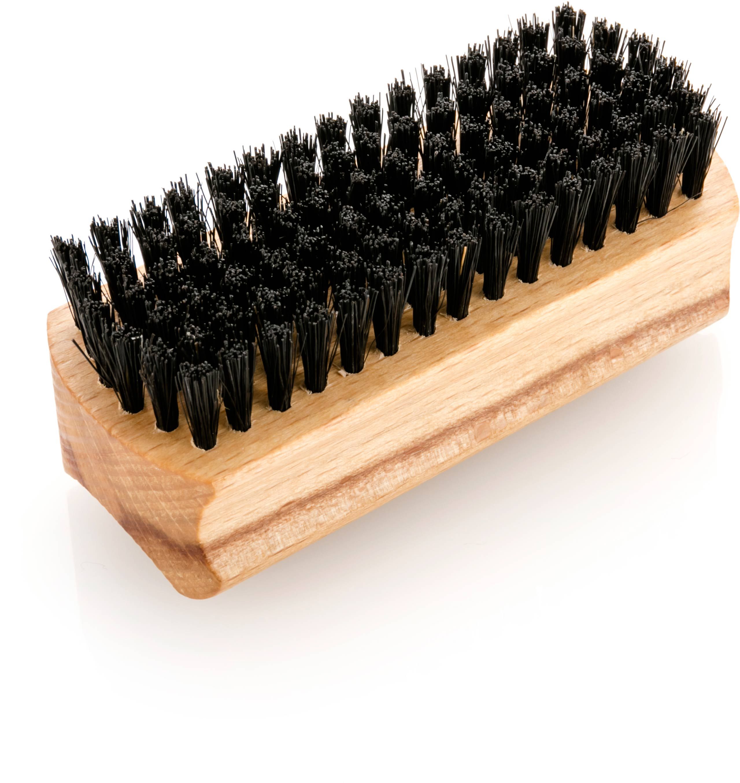 Hand- und Nagelbürste aus Buchenholz mit Wildschweinborsten. Schwarze Borsten, rechteckige Form, Holzgriff. Draufsicht.