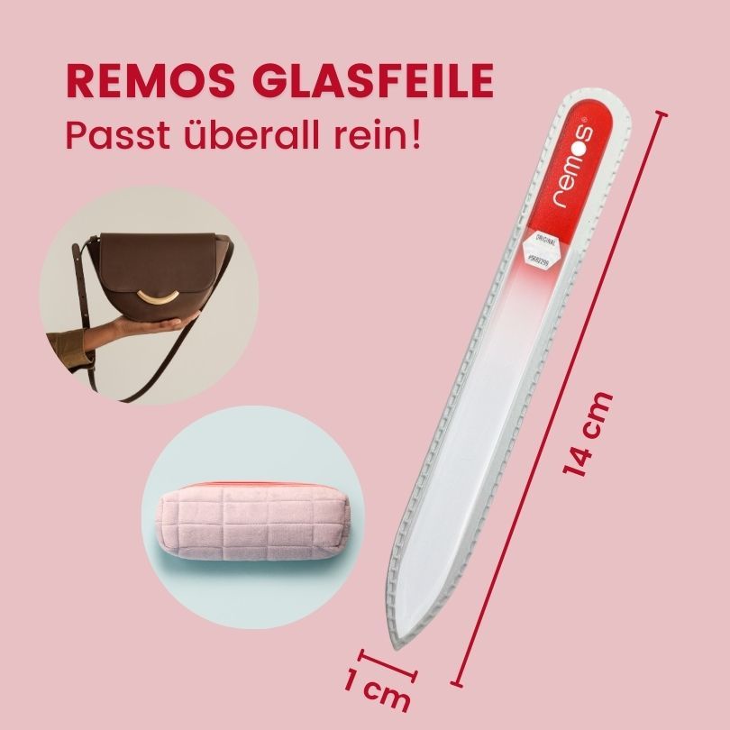 Glasnagelfeile mit roter Hülle. Feile rot-weiß, mit Logo. Maße: 14 cm lang, 1 cm breit.