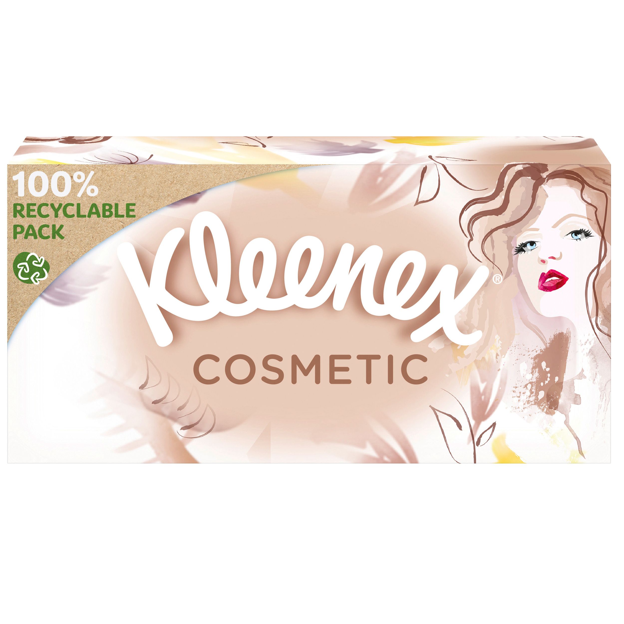 Kleenex Cosmetic Box. Braune Verpackung mit Frauengesicht. 100% recycelbar.