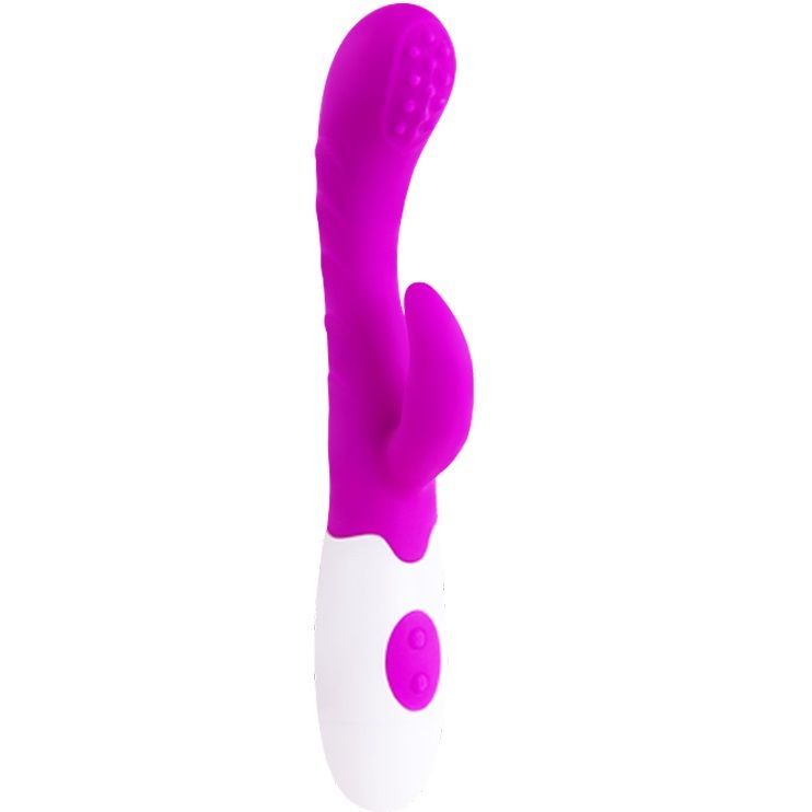 Lila Vibrator mit weißem Griff. Zwei Knöpfe auf dem weißen Teil. Noppen an der Spitze.
