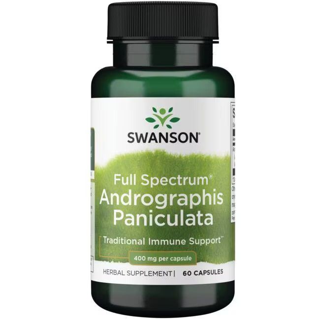 Grüne Flasche mit schwarzem Deckel. Etikett mit "SWANSON", "Andrographis Paniculata" und "400 mg per capsule". 60 Kapseln.