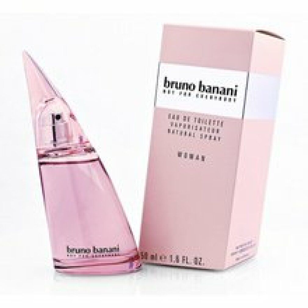 Rosa Parfümflasche und Verpackung. Aufschrift 'Bruno Banani'. 'Eau de Toilette Woman'.