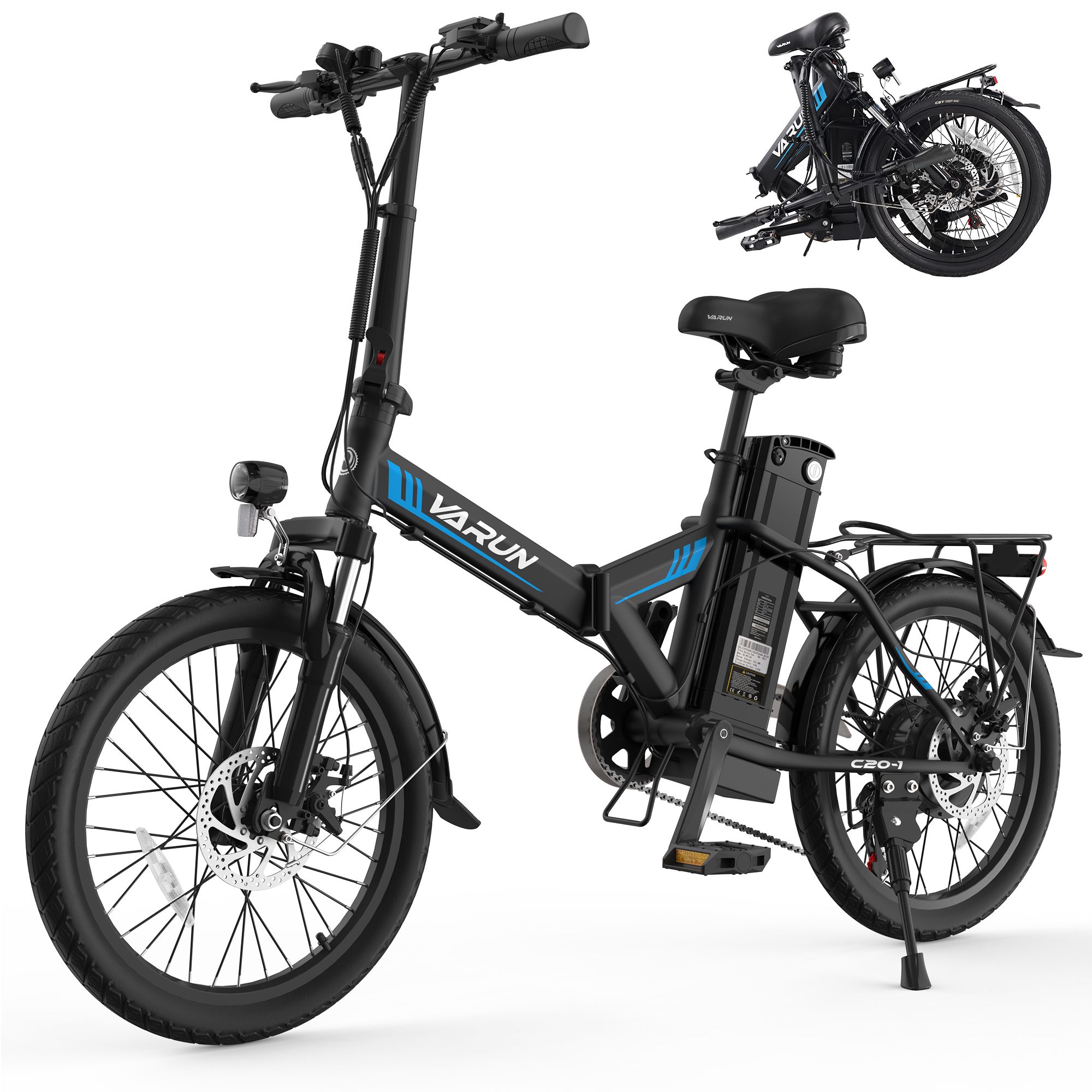 Faltbares E-Bike, schwarz mit blauen Akzenten. VARUN-Logo sichtbar. Details: Gepäckträger, Scheinwerfer, C20-1.