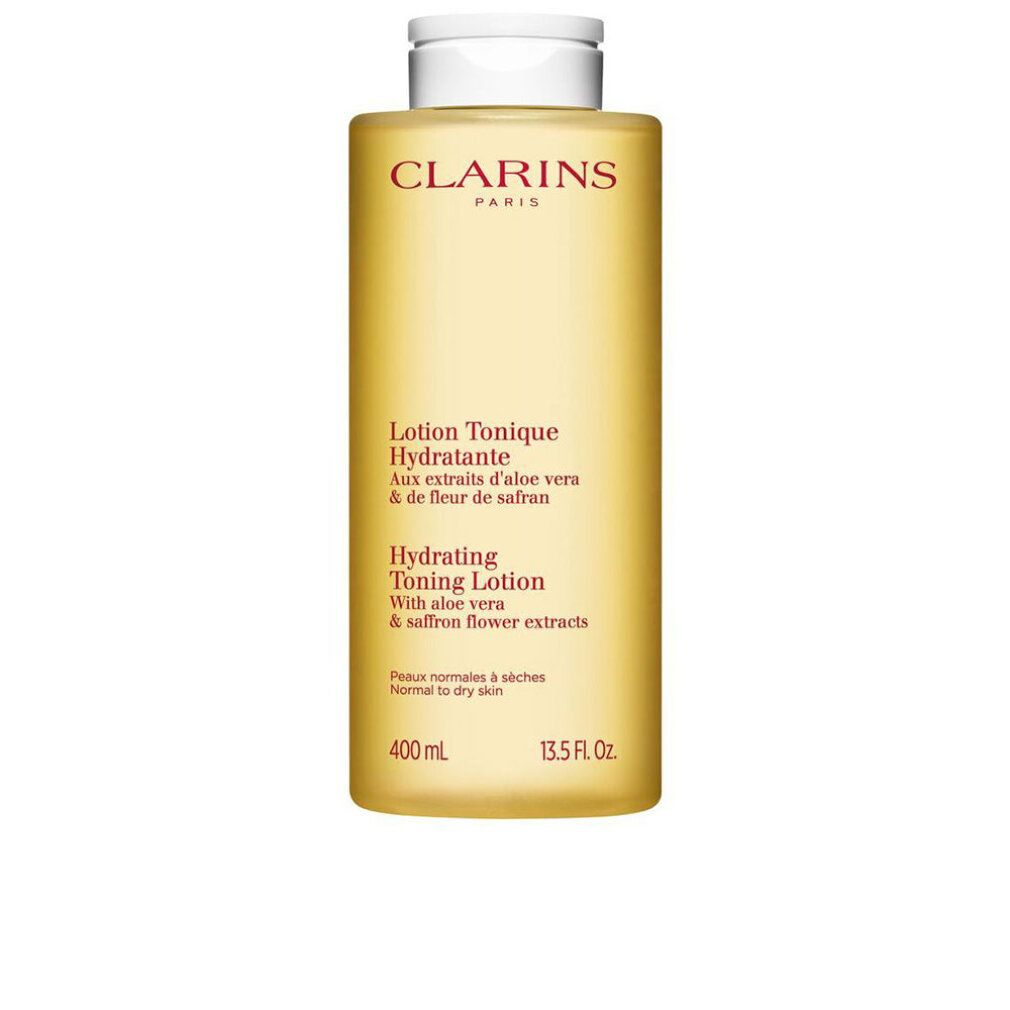 Gelbe Flasche mit weißem Deckel. Aufschrift: Clarins Paris, Lotion Tonique Hydratante, Hydrating Toning Lotion, 400 ml, 13.5 Fl. Oz.