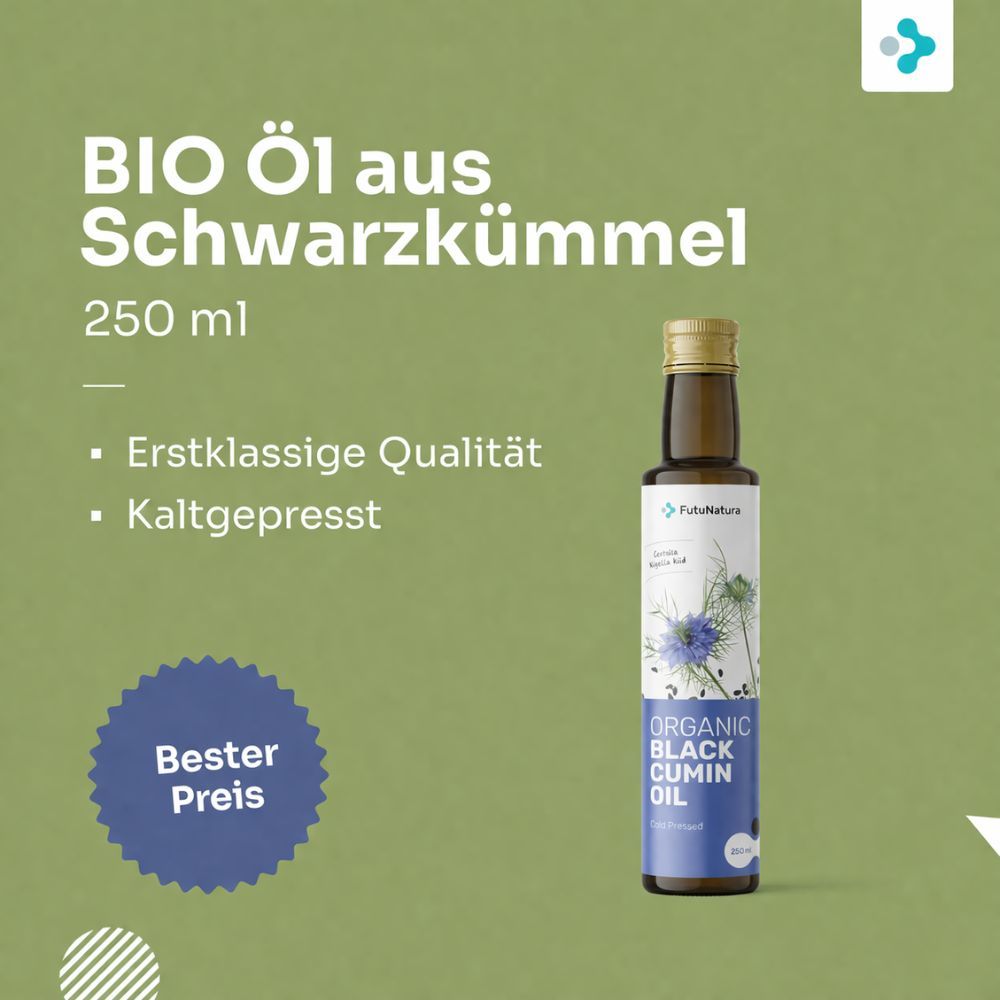 Flasche Schwarzkümmelöl. Aufschrift: BIO Öl aus Schwarzkümmel, 250 ml. Erstklassige Qualität, kaltgepresst. Bester Preis.
